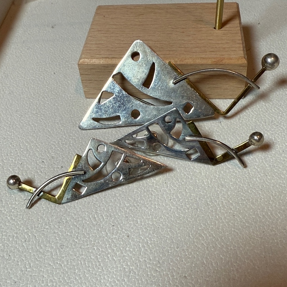 Vtg Modernist Two Tone 925 Brooch Pin & Earrings